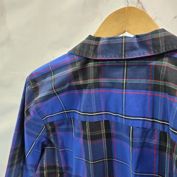 Foxcroft Shirt Women 18W Blue Black Gold Scotch Button Wrinkle Free Shaped Cuff - Picture 6 of 13